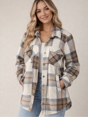 Thread & Supply Plaid Utility Shacket in Cream, Tan, size S (oversized)